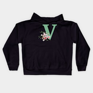 Letter V green with colorful flowers Kids Hoodie